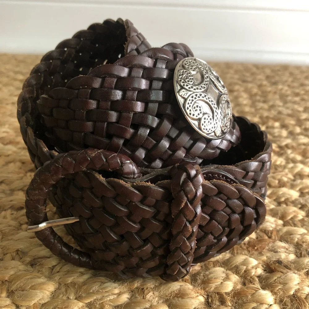 New: Anthropologie Woven Leather Belt with Silver Medallions. Size Medium